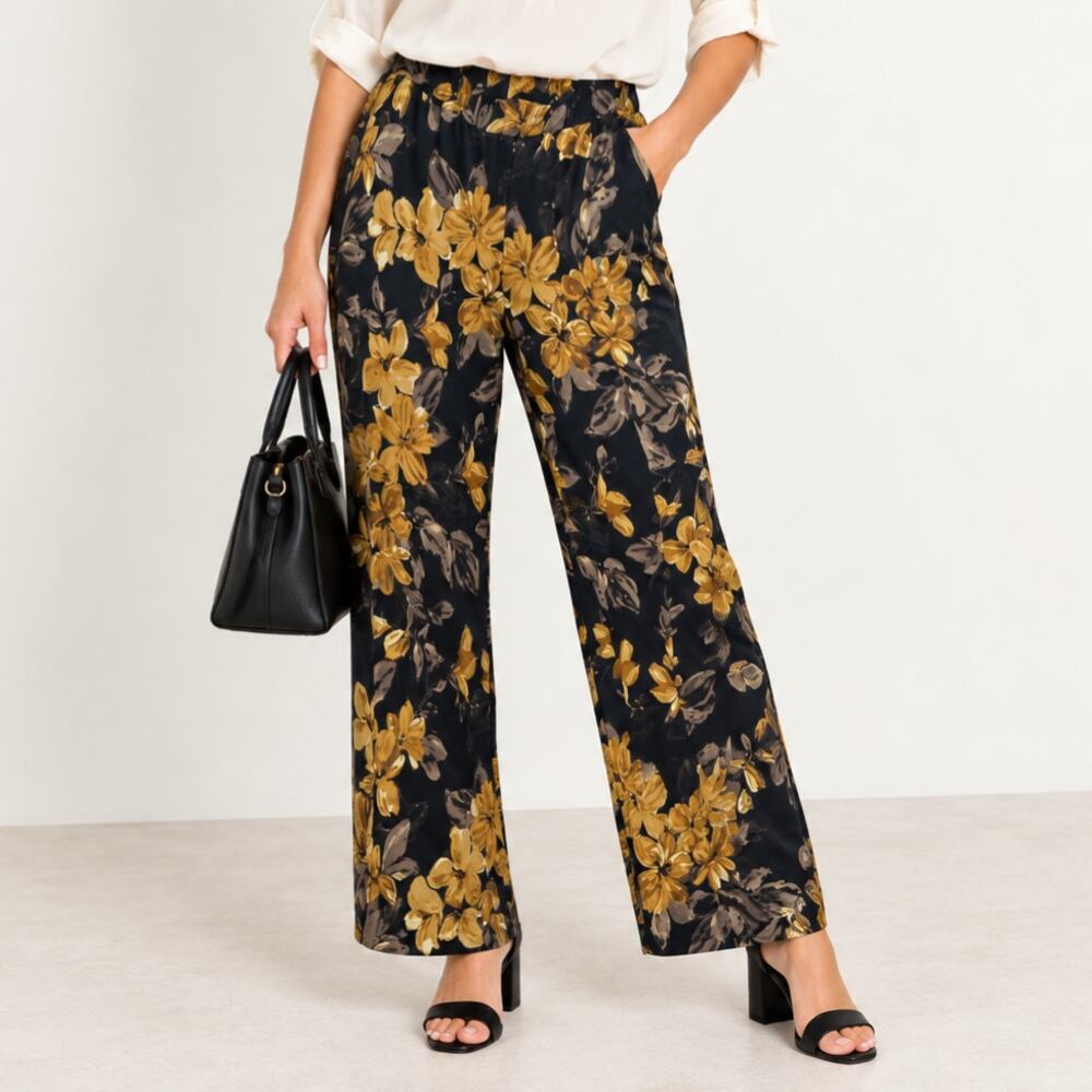 Susan Graver Liquid Knit Pants Women's Size 1XP Black Brown Floral Boho Office
